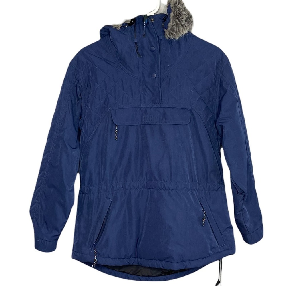 LL Bean Women’s Navy Blue Pullover Down Coat with Fur lined Hood Size Small